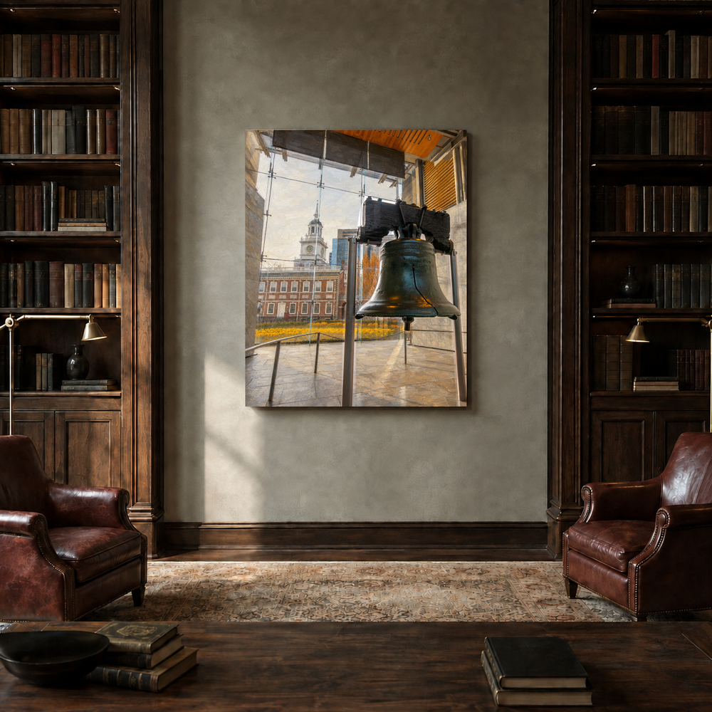 Liberty Bell & Independence Hall hand-painted oil artwork displayed in private library