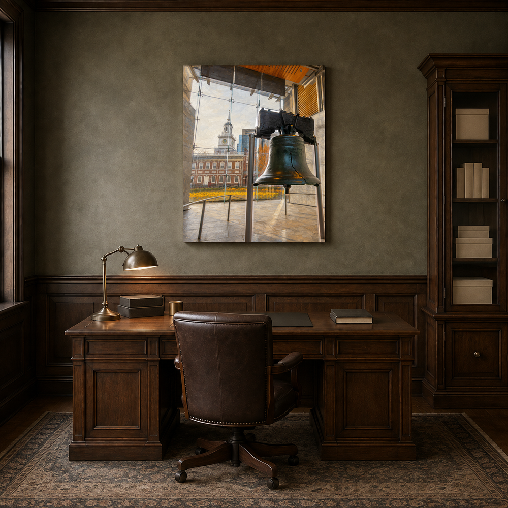 Liberty Bell & Independence Hall hand-painted oil artwork displayed in veteran history study