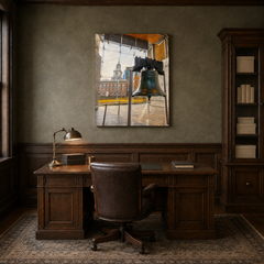 Liberty Bell & Independence Hall hand-painted oil artwork displayed in veteran history study