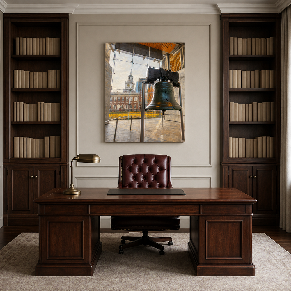 Liberty Bell & Independence Hall hand-painted oil artwork displayed in lawyer professional office