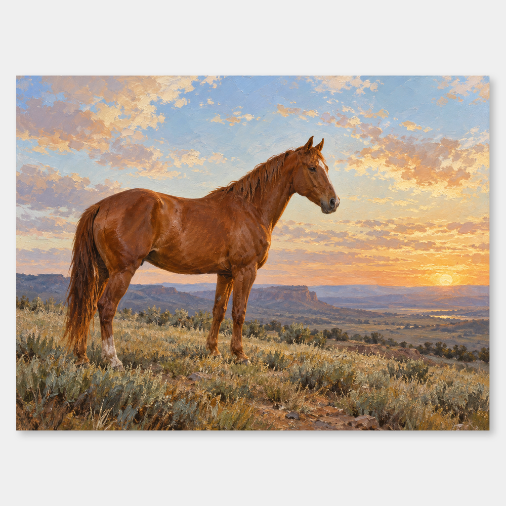 Copper Morning chestnut horse oil painting with sage grass and a pale blue dawn sky