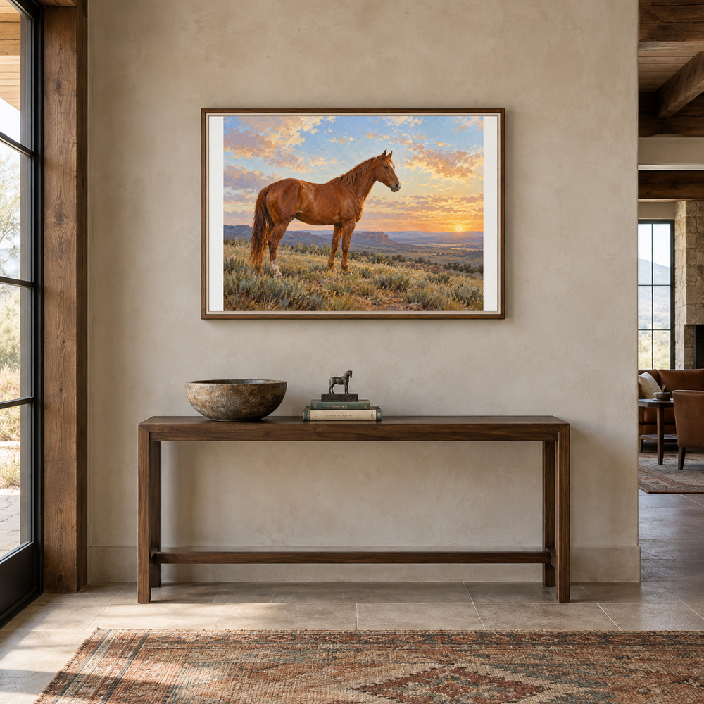 Copper Morning horse painting above a walnut console in a ranch entryway