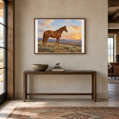 Copper Morning horse painting above a walnut console in a ranch entryway