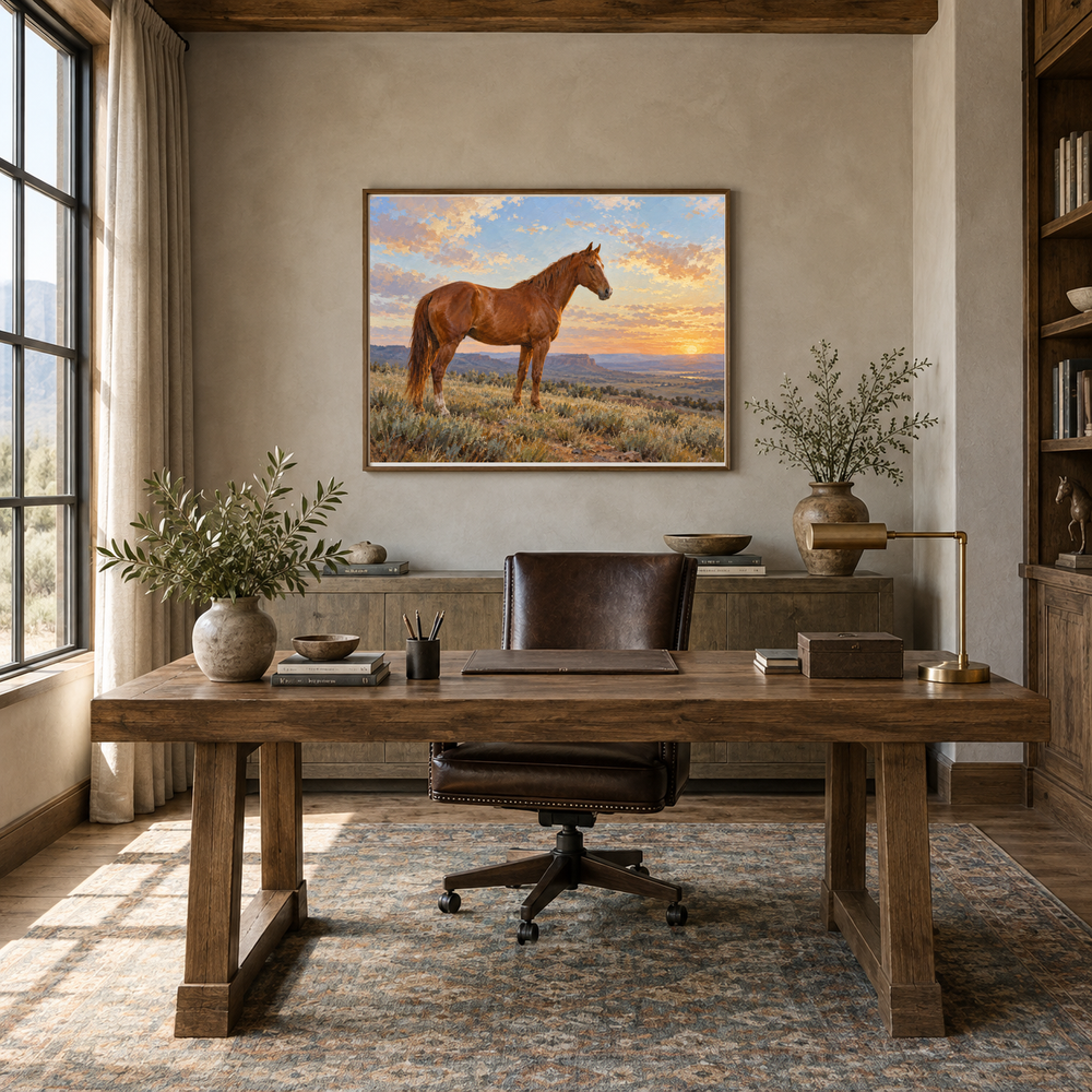Copper Morning horse oil painting above an oak desk in a Western study