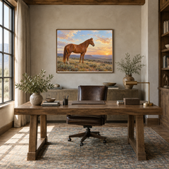 Copper Morning horse oil painting above an oak desk in a Western study