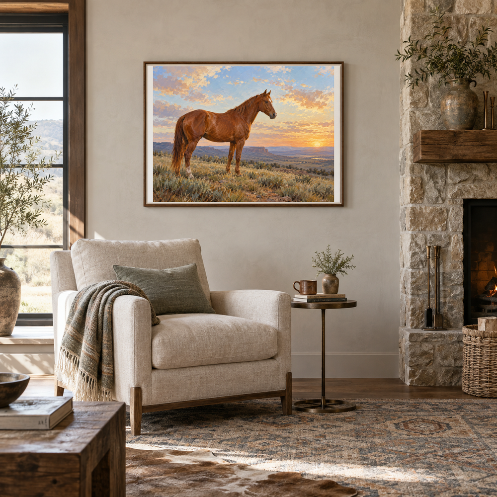 Copper Morning horse artwork in a reading room beside a stone fireplace