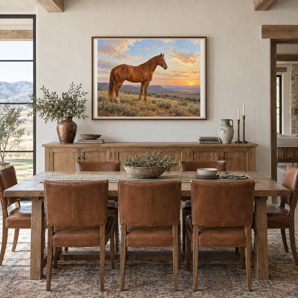 Copper Morning chestnut horse artwork above an oak dining room sideboard
