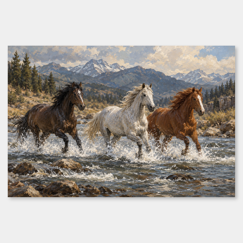Wild Current oil painting of three running horses crossing a mountain stream