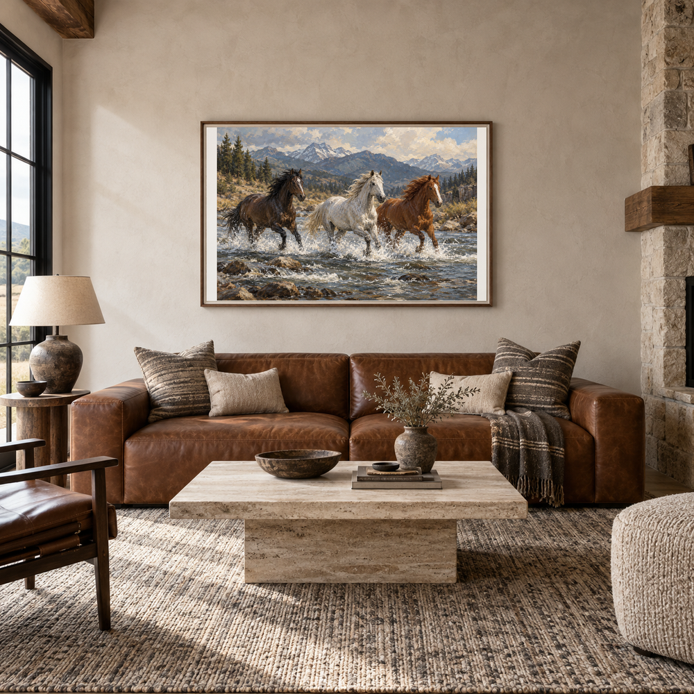 Wild Current running horse painting displayed in a ranch living room
