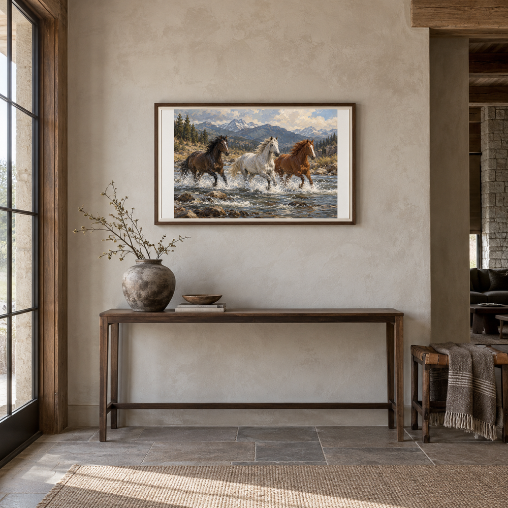 Wild Current running horse painting displayed in a Western entryway