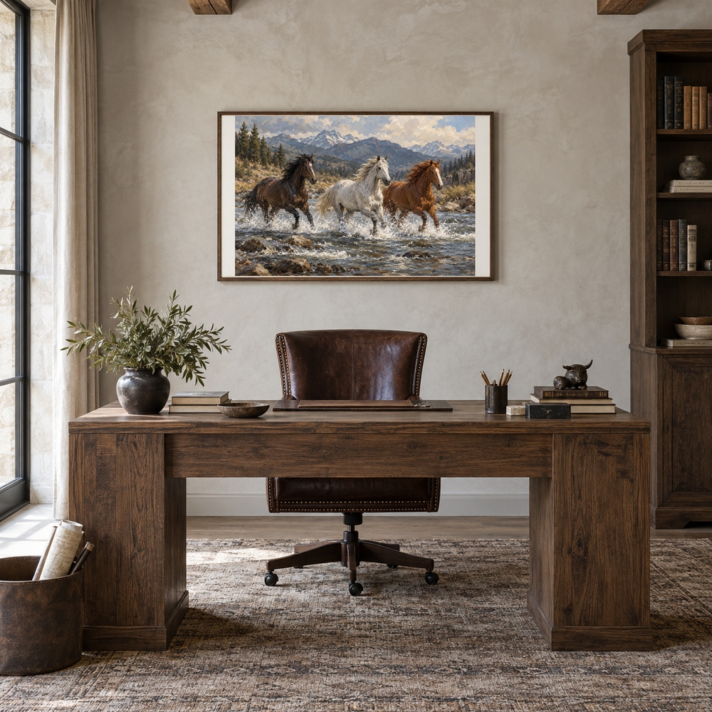 Wild Current running horse painting displayed in a oak-furnished study