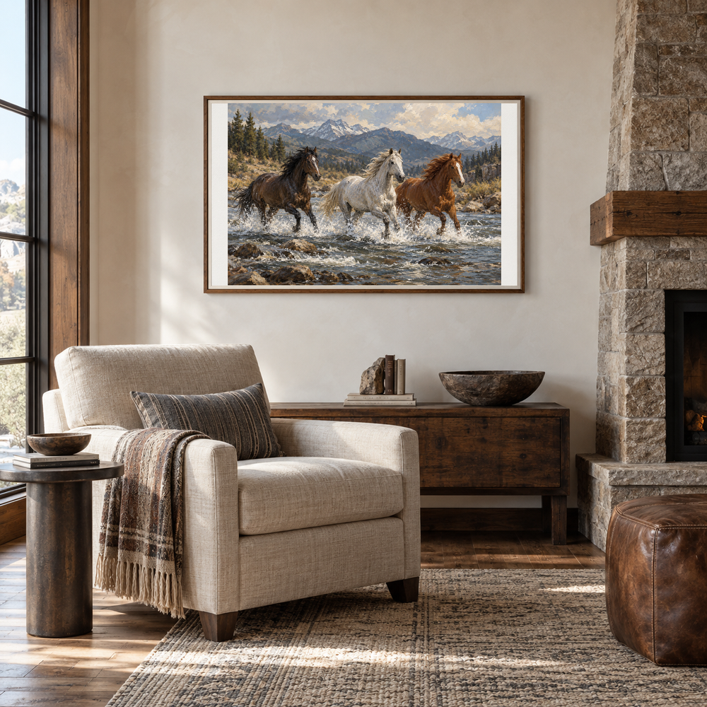 Wild Current running horse painting displayed in a stone lodge reading room