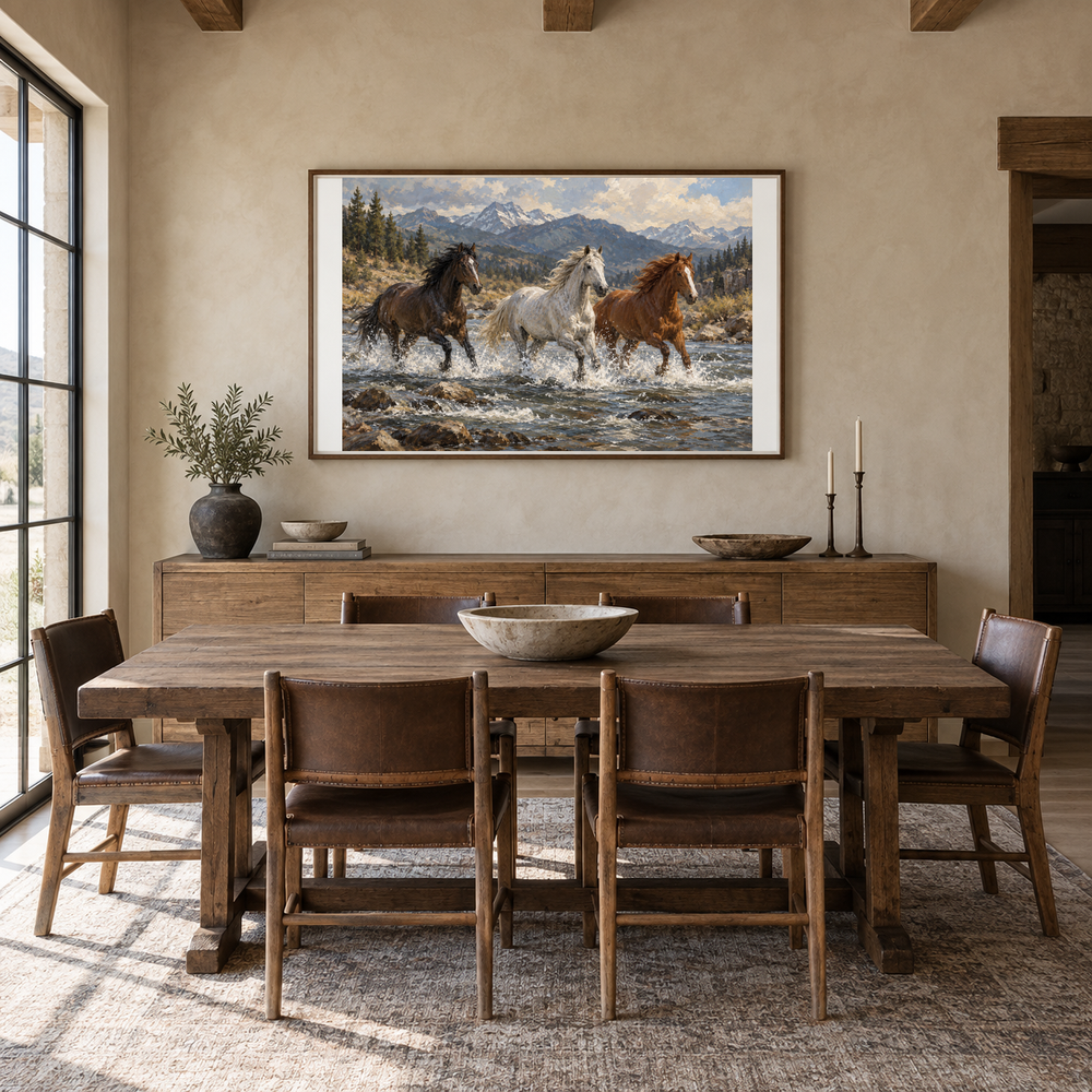 Wild Current running horse painting displayed in a ranch dining room