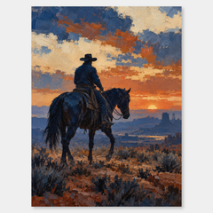 Indigo Rein vertical Western oil painting of a lone cowboy riding beneath an orange sky
