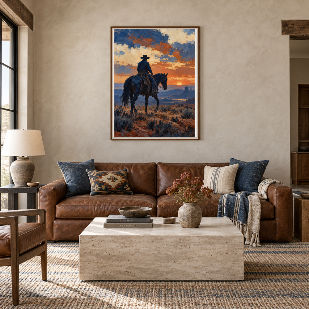 Indigo Rein cowboy rider painting in a ranch living room