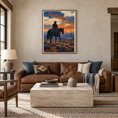 Indigo Rein cowboy rider painting in a ranch living room
