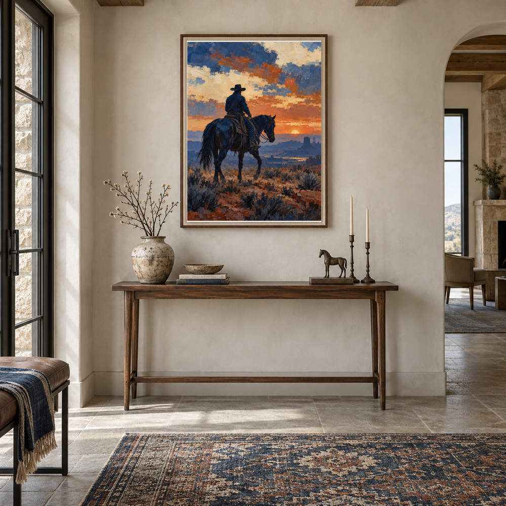 Indigo Rein cowboy rider painting in a Western entryway