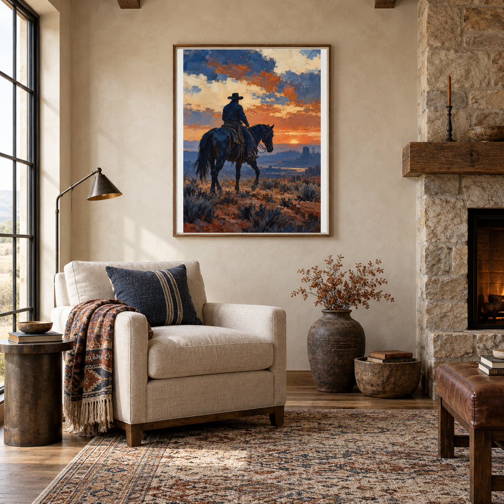 Indigo Rein cowboy rider painting in a lodge reading room