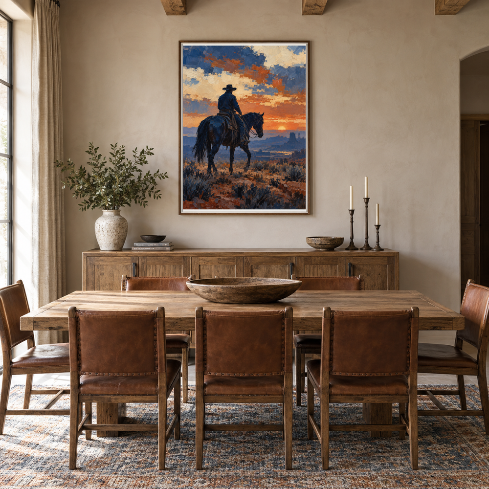 Indigo Rein cowboy rider painting in a Western dining room