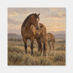 Mare and Morning oil painting of a mare and foal together on the prairie