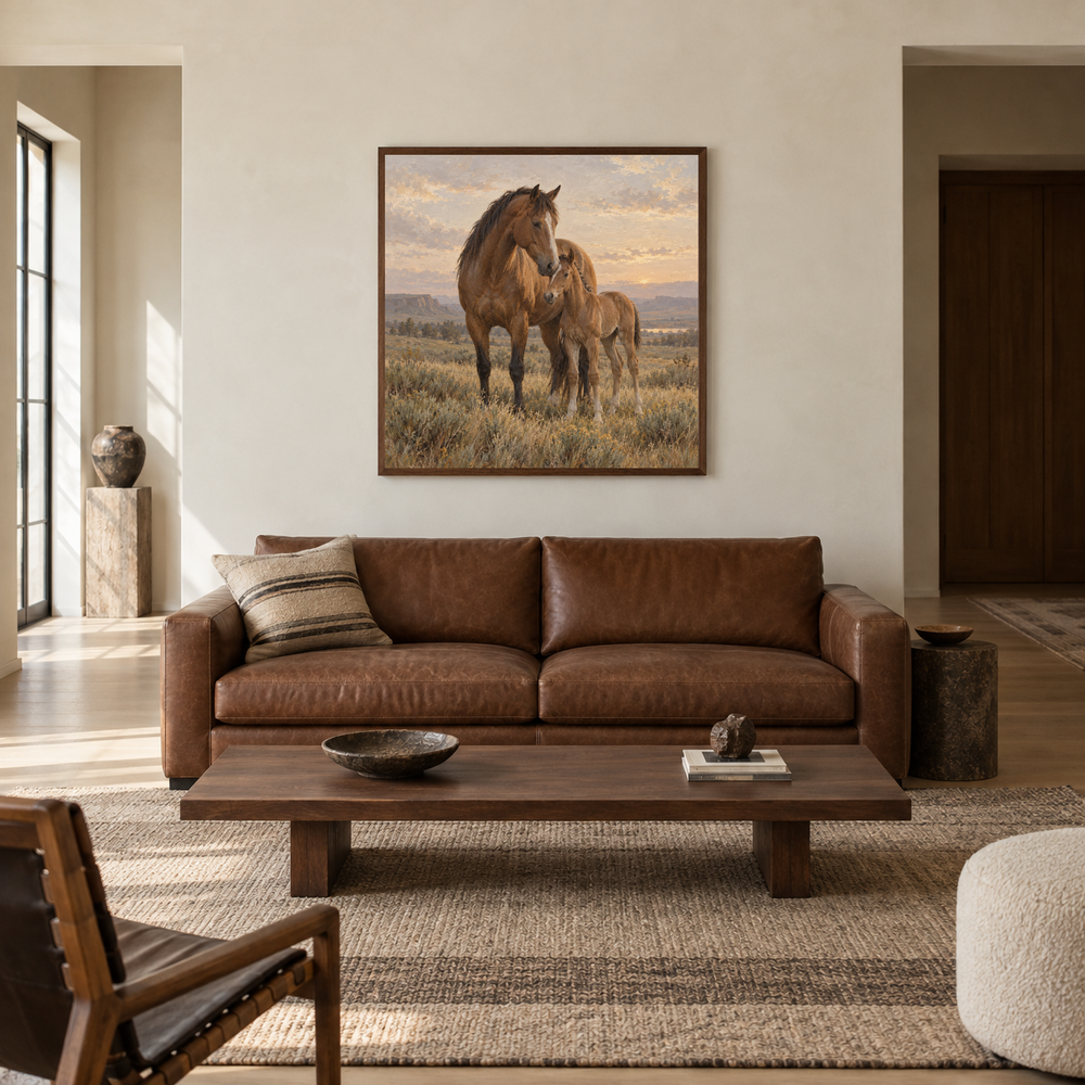 Mare and Morning oil painting of a mare and foal together on the prairie displayed in a ranch living room