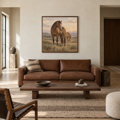 Mare and Morning oil painting of a mare and foal together on the prairie displayed in a ranch living room