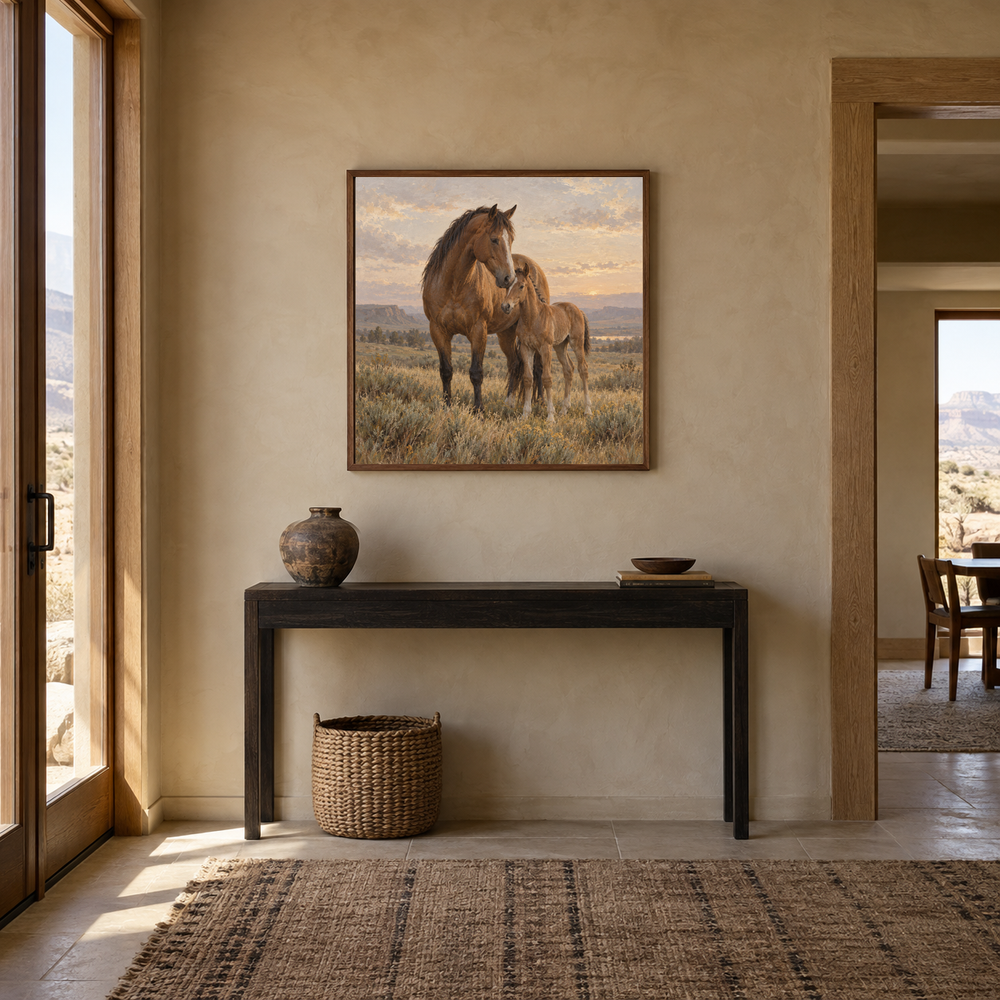 Mare and Morning oil painting of a mare and foal together on the prairie displayed in a Western entryway