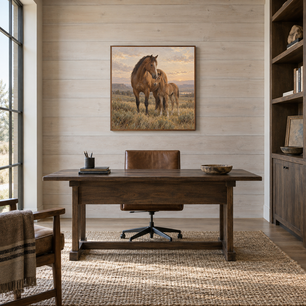 Mare and Morning oil painting of a mare and foal together on the prairie displayed in a ranch study