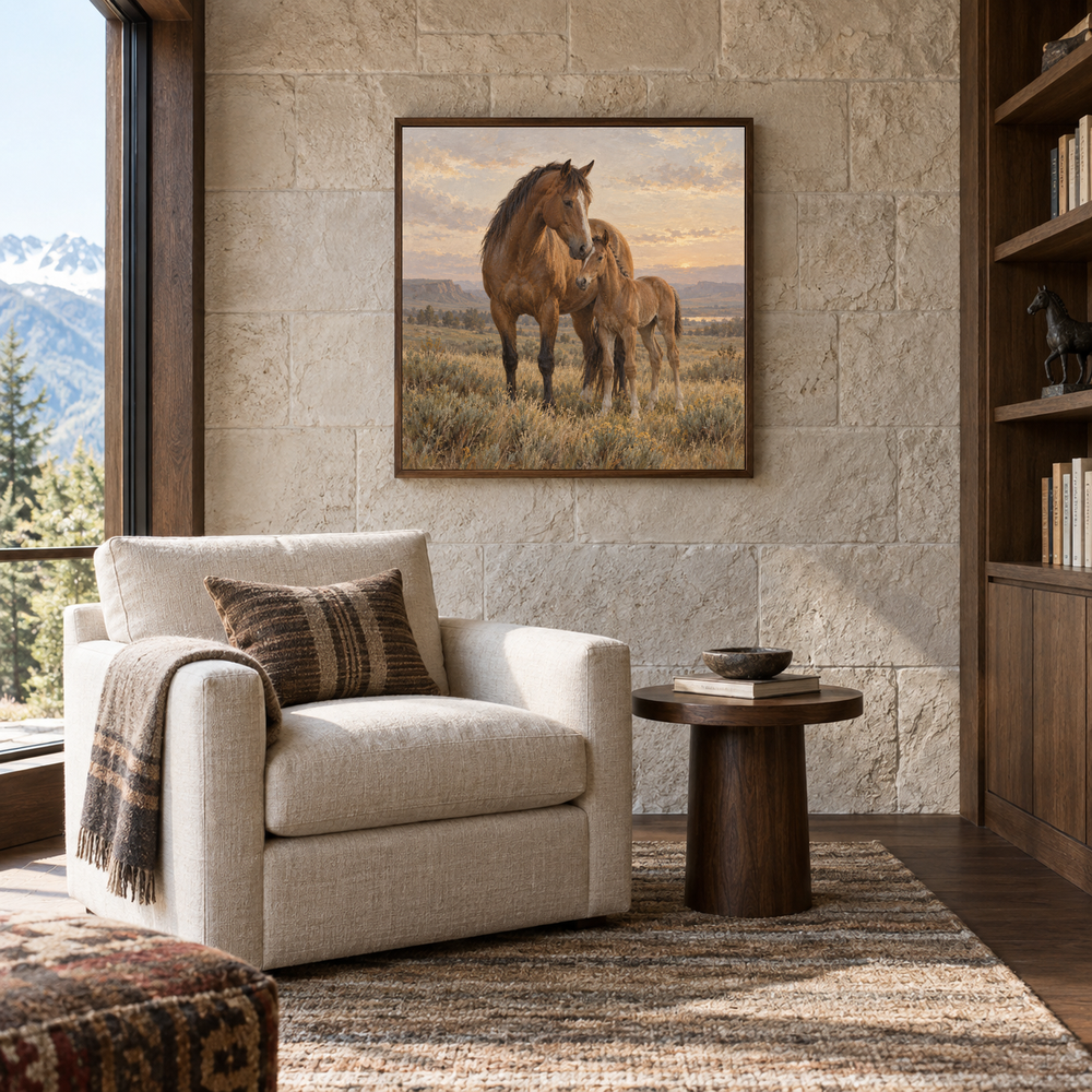 Mare and Morning oil painting of a mare and foal together on the prairie displayed in a lodge reading room
