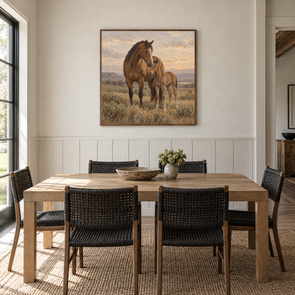 Mare and Morning oil painting of a mare and foal together on the prairie displayed in a Western dining room