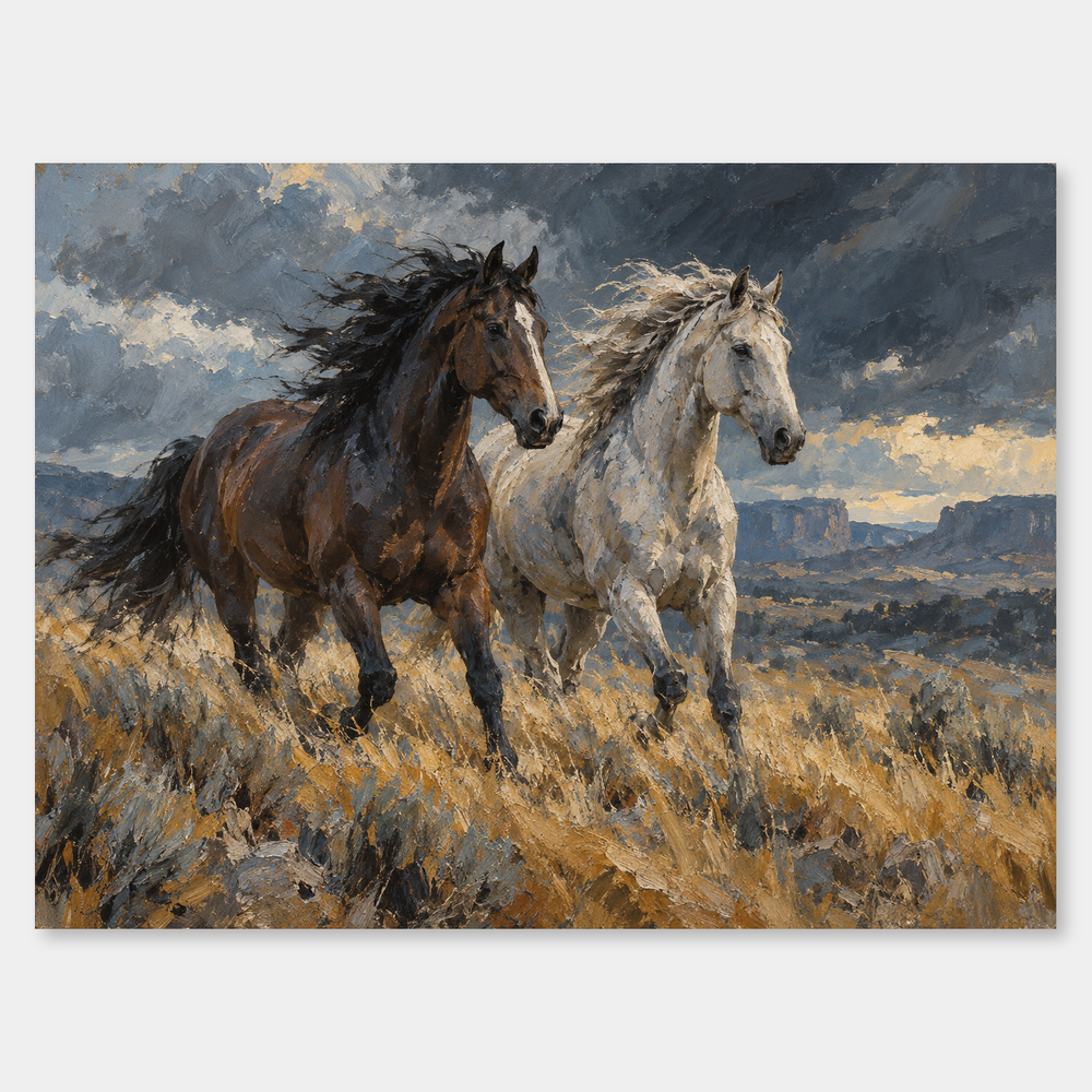 Windbreak oil painting of a dark and a pale horse running through windswept grass
