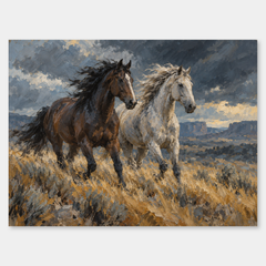 Windbreak oil painting of a dark and a pale horse running through windswept grass