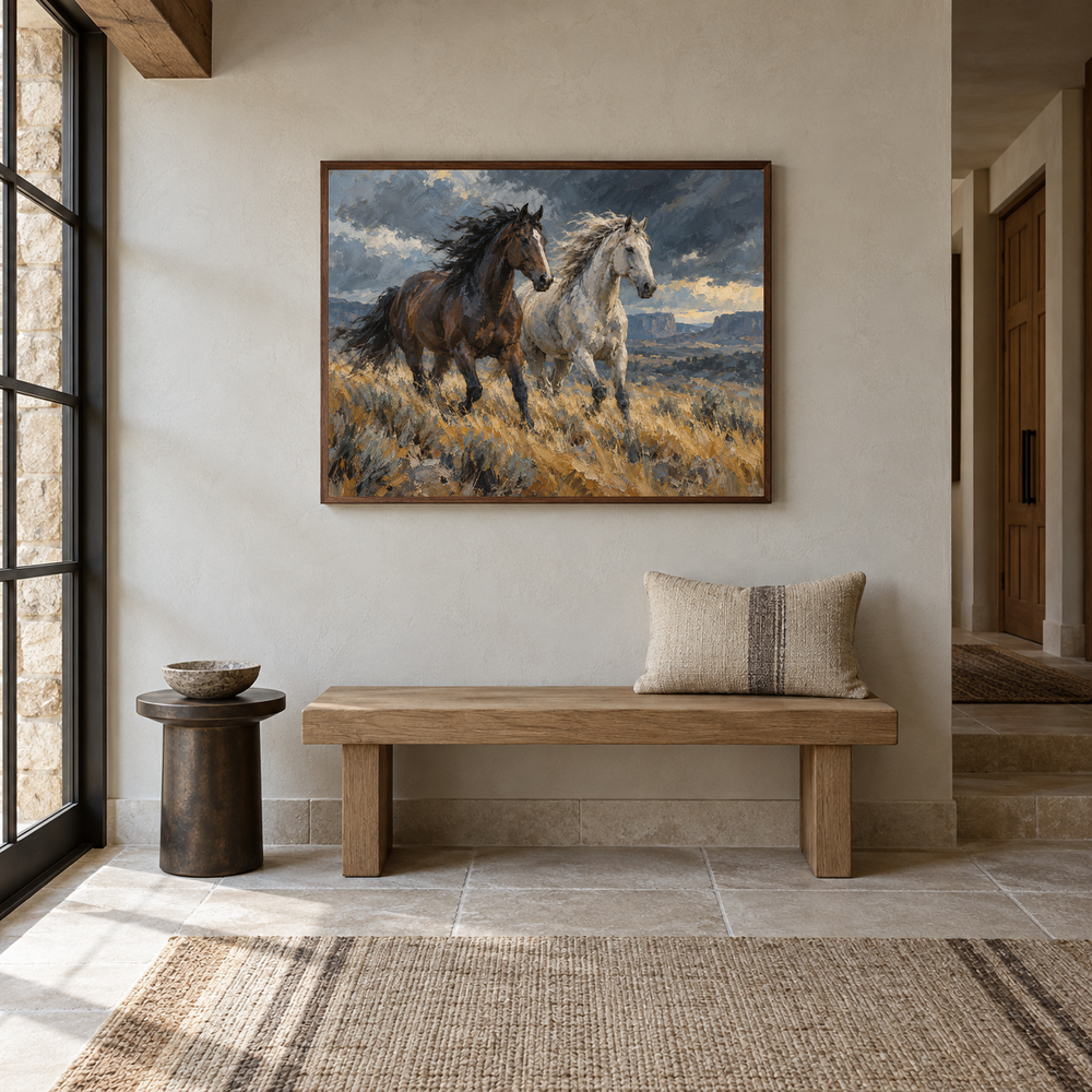 Windbreak oil painting of a dark and a pale horse running through windswept grass displayed in a Western entryway