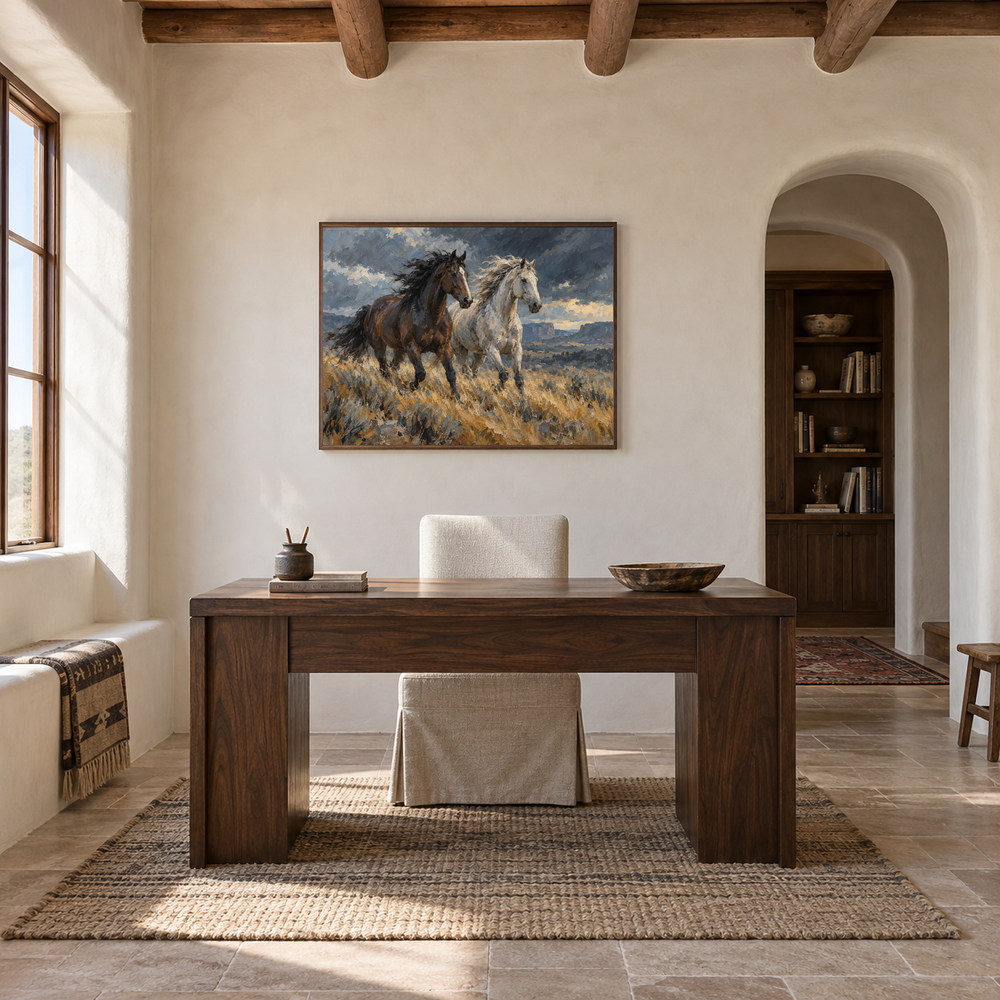Windbreak oil painting of a dark and a pale horse running through windswept grass displayed in a ranch study