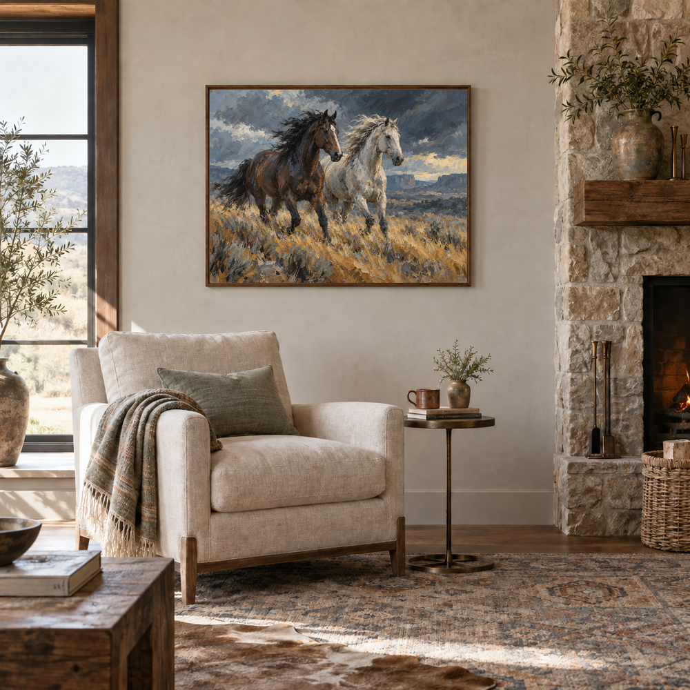 Windbreak oil painting of a dark and a pale horse running through windswept grass displayed in a lodge reading room