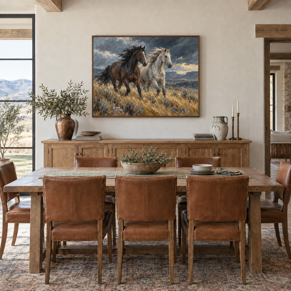 Windbreak oil painting of a dark and a pale horse running through windswept grass displayed in a Western dining room