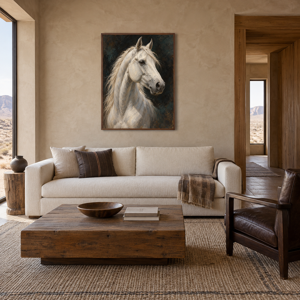 White Horse Study Western oil painting displayed in a living room