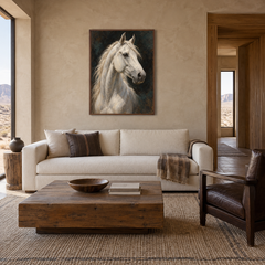 White Horse Study Western oil painting displayed in a living room