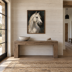 White Horse Study Western oil painting displayed in a entryway