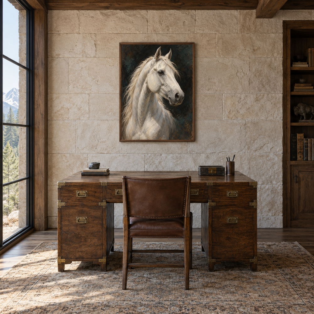 White Horse Study Western oil painting displayed in a study
