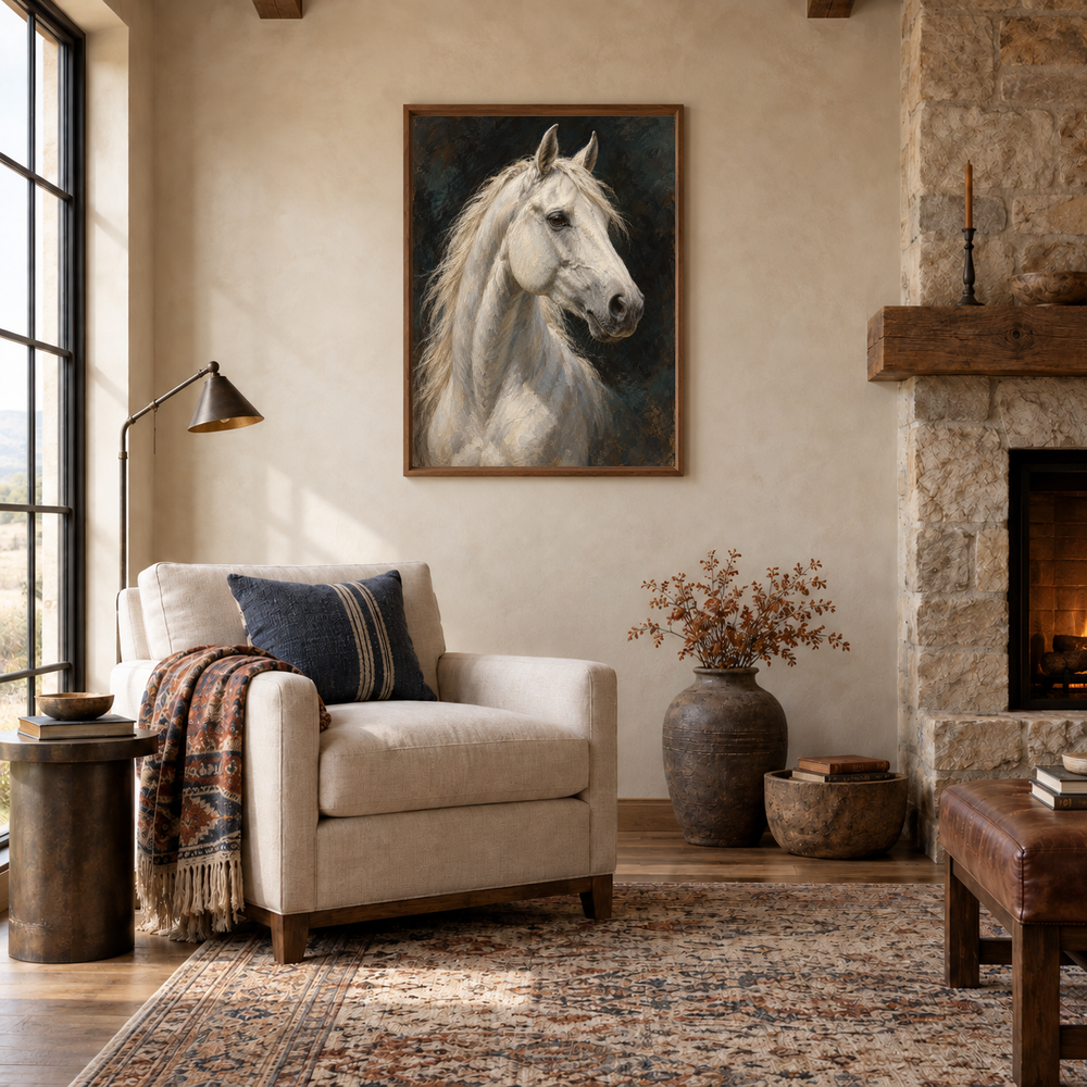 White Horse Study Western oil painting displayed in a reading room