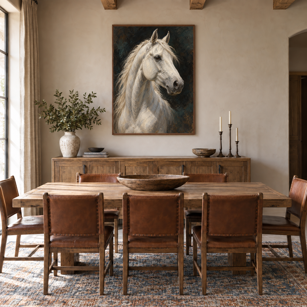 White Horse Study Western oil painting displayed in a dining room