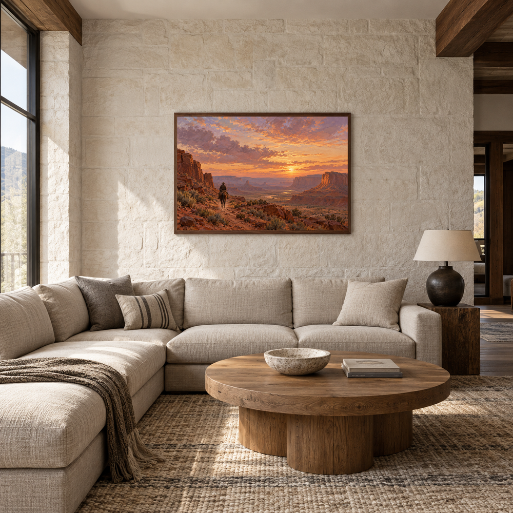 Last Light Crossing Western oil painting displayed in a living room