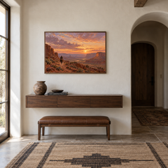 Last Light Crossing Western oil painting displayed in a entryway