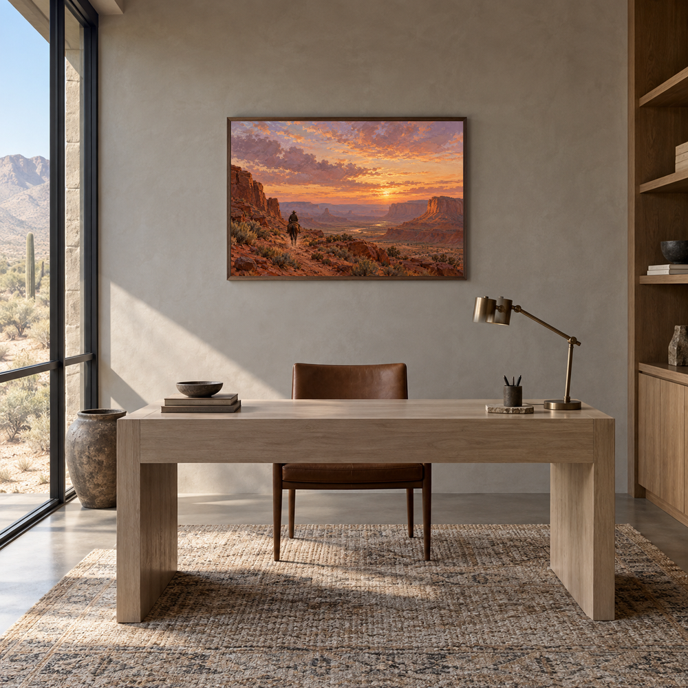 Last Light Crossing Western oil painting displayed in a study