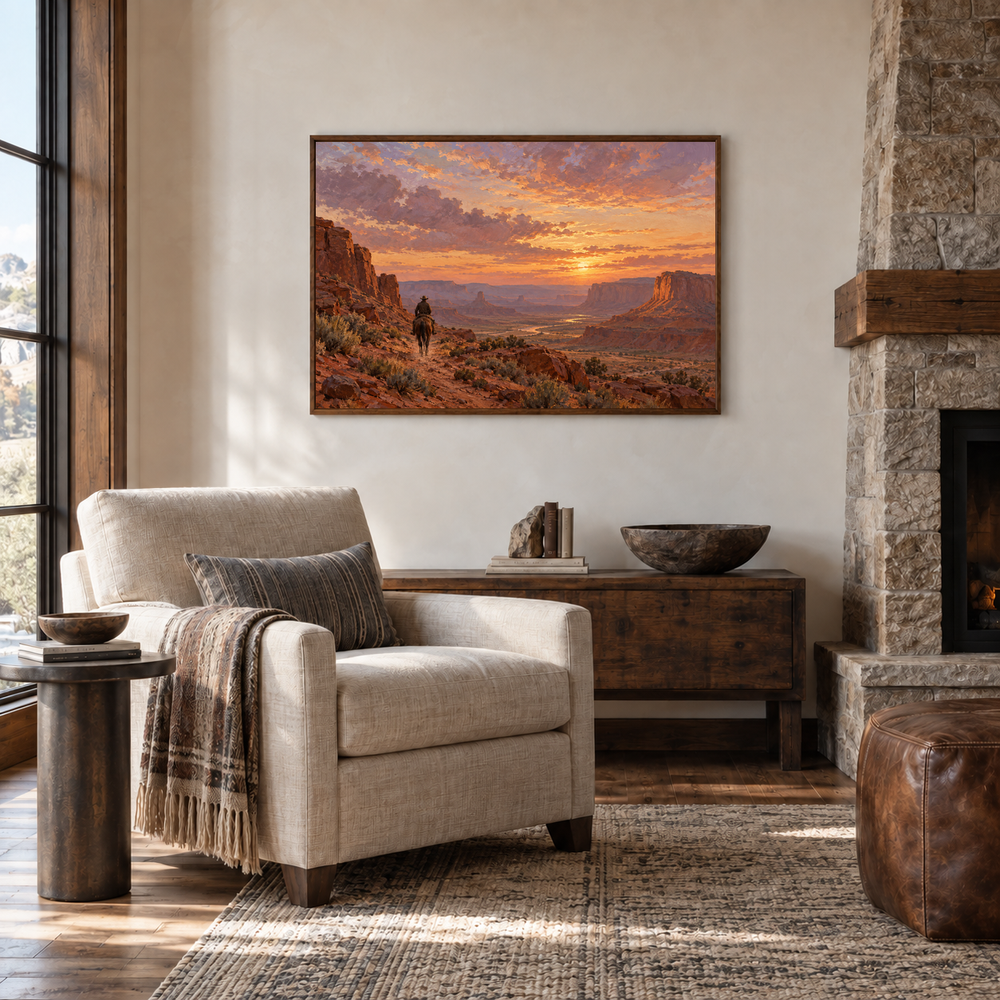 Last Light Crossing Western oil painting displayed in a reading room