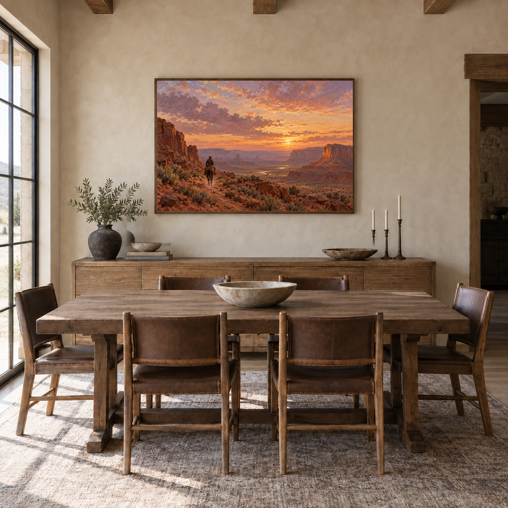 Last Light Crossing Western oil painting displayed in a dining room