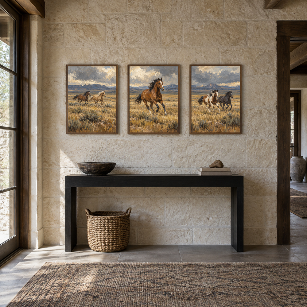 Open Range Rhythm set of 3 Western paintings displayed in a entryway