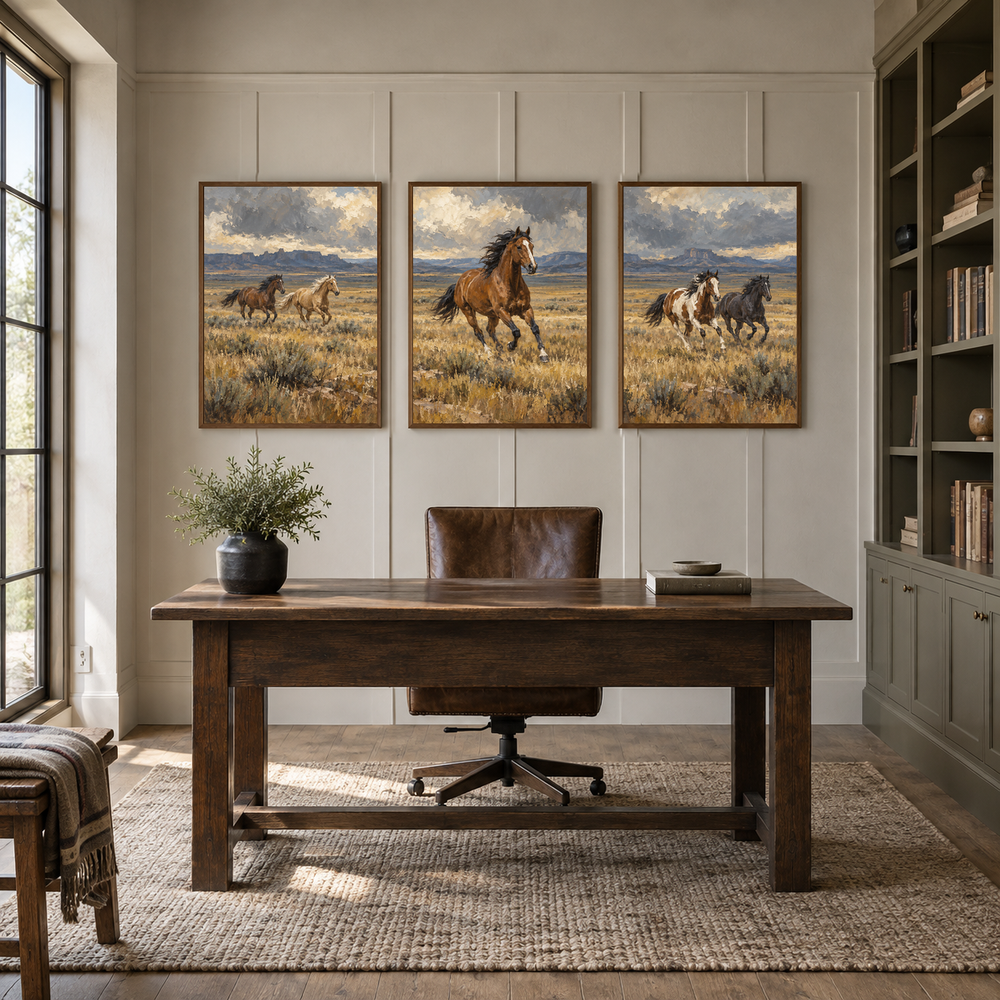 Open Range Rhythm set of 3 Western paintings displayed in a study
