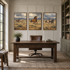 Open Range Rhythm set of 3 Western paintings displayed in a study